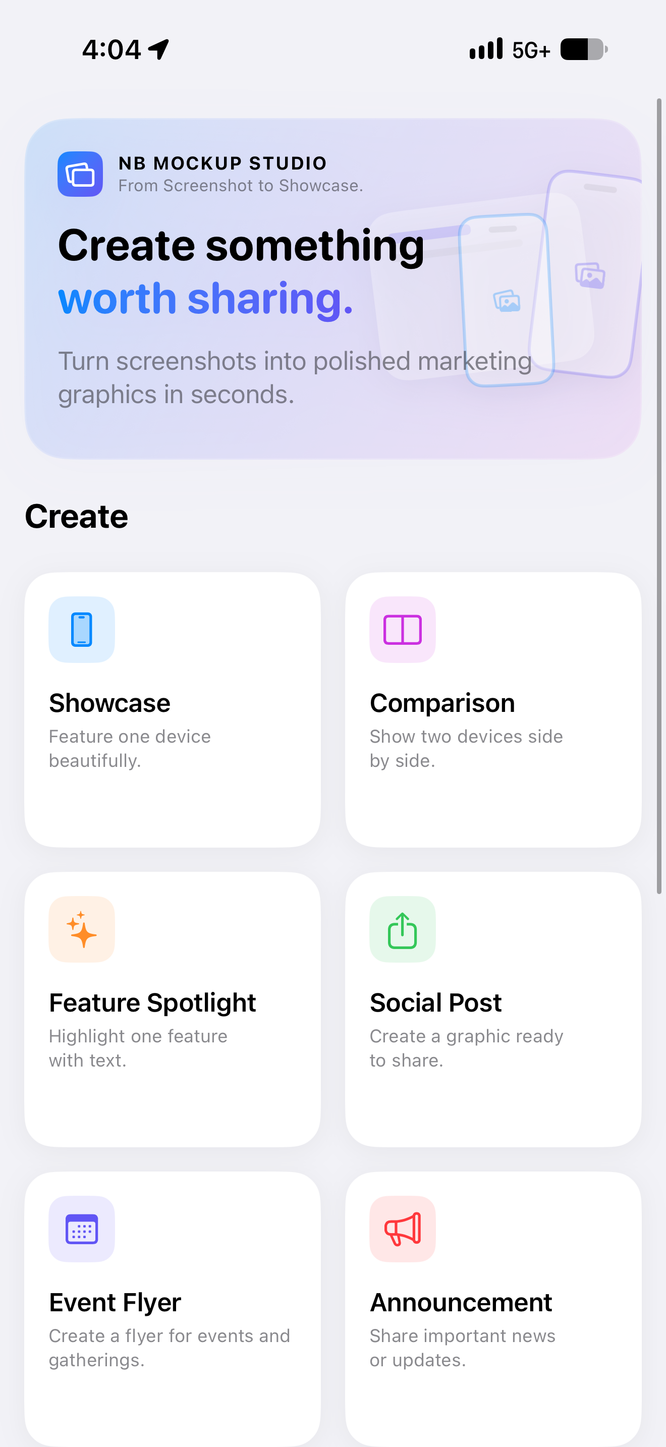NB Mockup Studio home screen